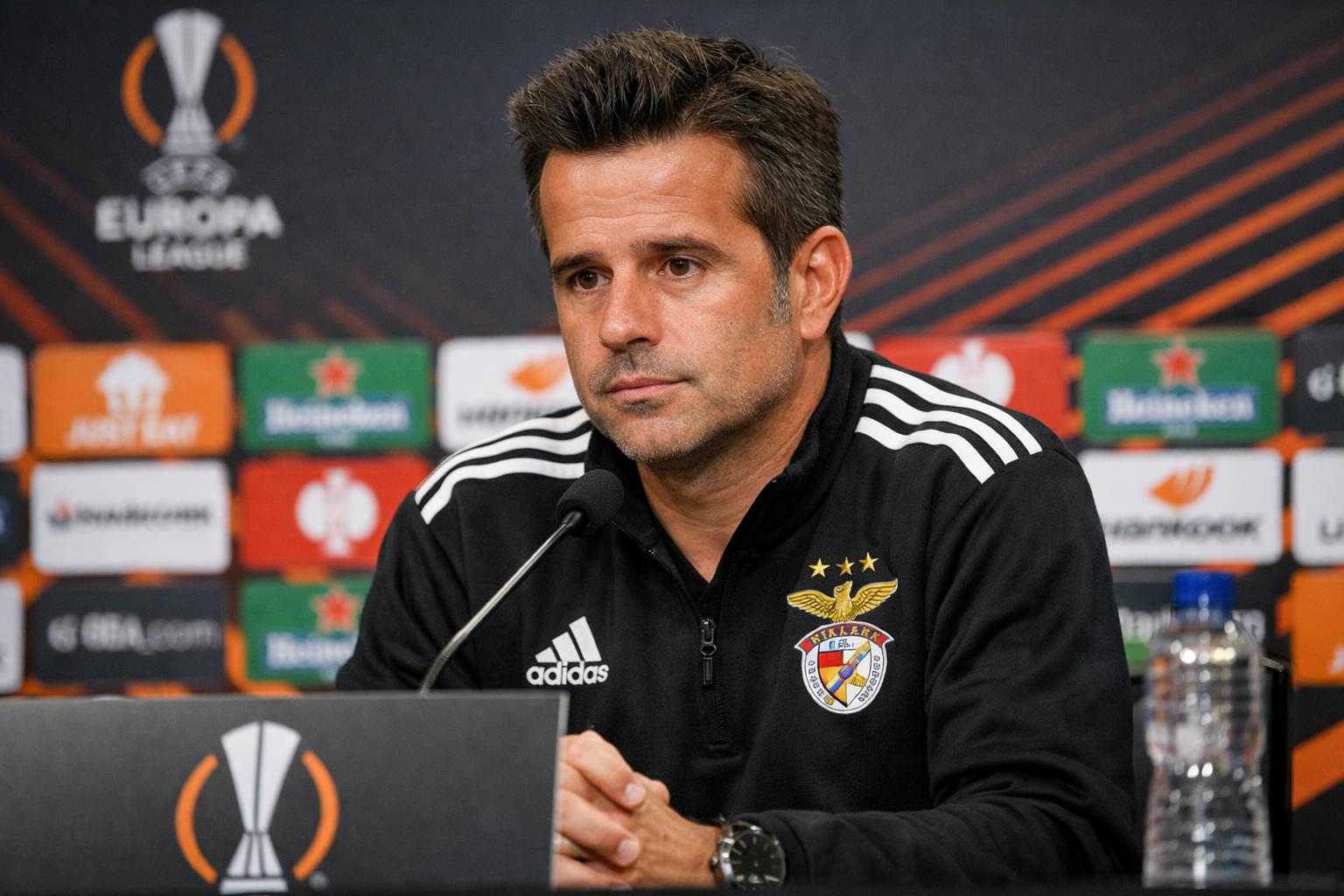 Benfica boss Marco Silva at a press conference with a Europa League background