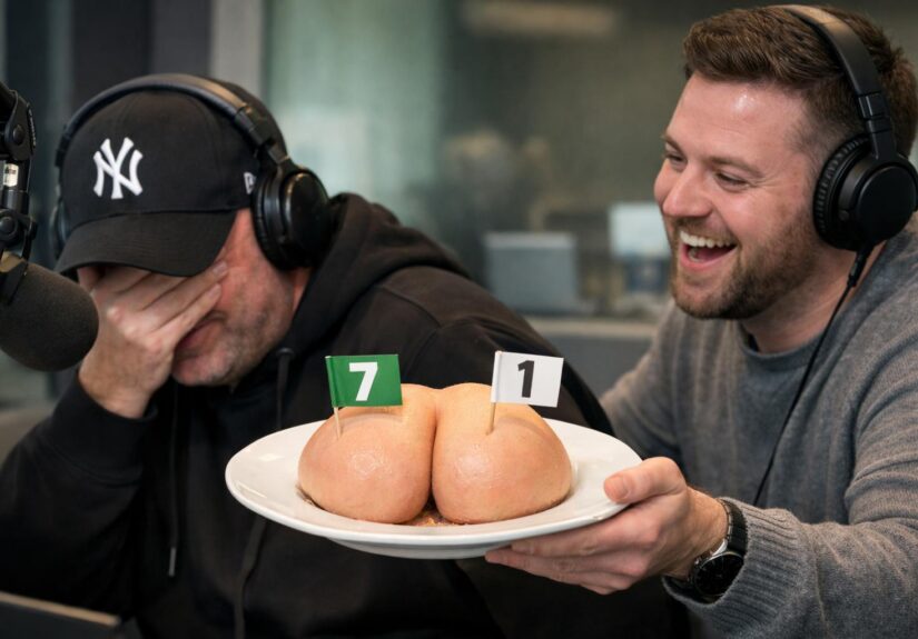 Ewen Cameron in his New York yankees baseball cap getting his bum handed to him on a plate with a 7 flag on one cheek and a 1