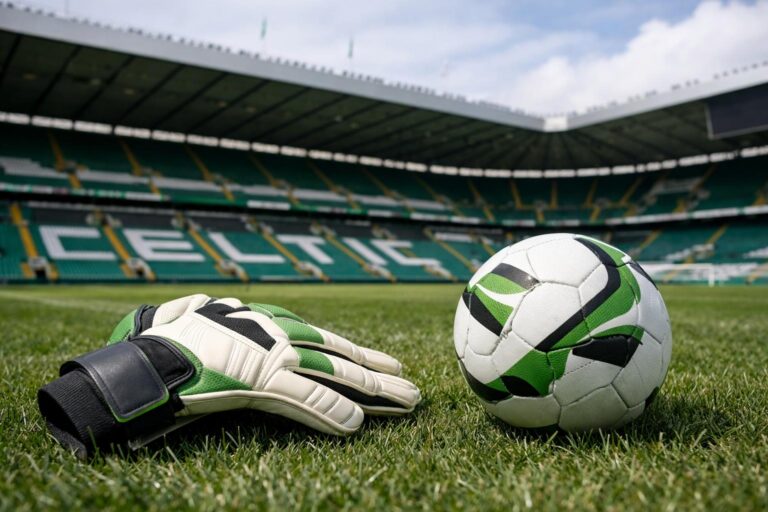 Me a picture of a ball, goalkeepers gloves and Celtic Park in the background