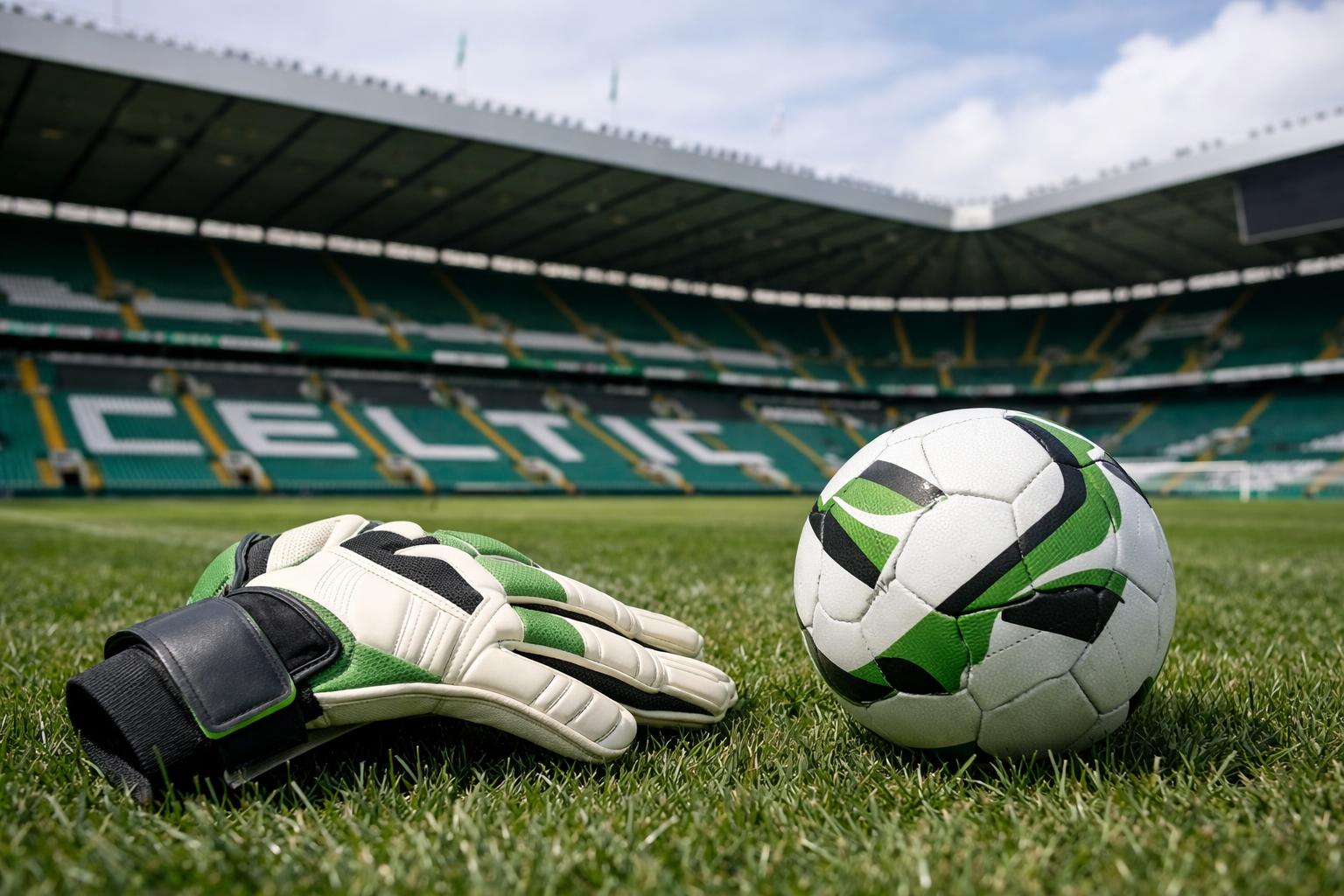 Me a picture of a ball, goalkeepers gloves and Celtic Park in the background